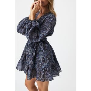 Bardot Kiera Floral Wrap Mini Dress Ink Floral Long Sleeve Flouncy Skirt Size XL